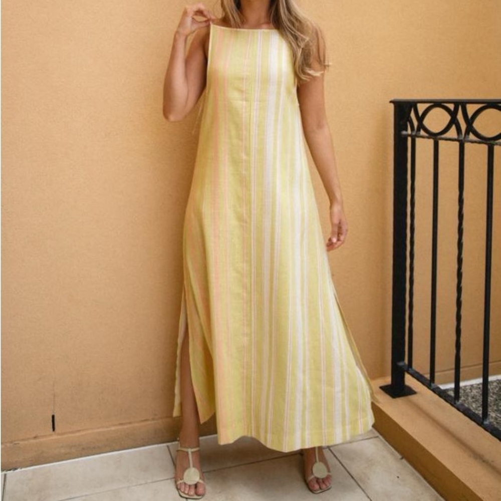 VRG GRL Mediterranean sunset midi maxi linen dress lemon tie back & double slit!